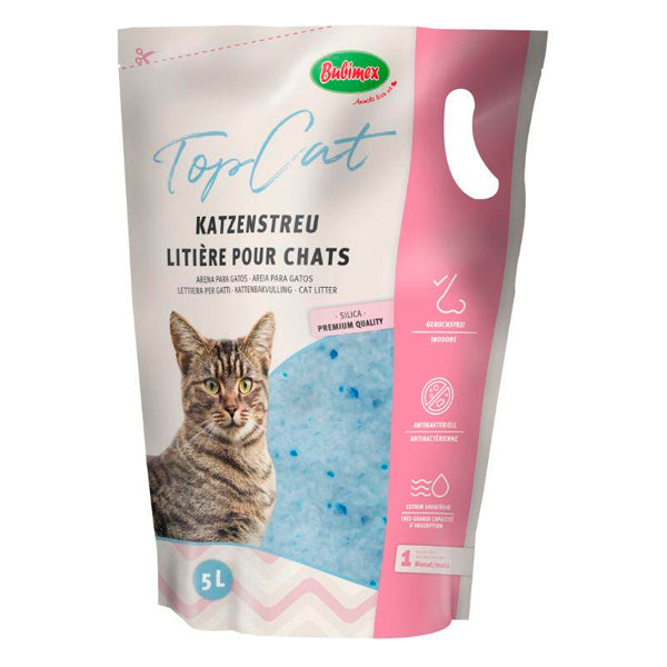 Bubimex Top Cat Arena de Sílice Natural 5L – Arena Absorbente para Gatos – Control de Olores y Alta Duración