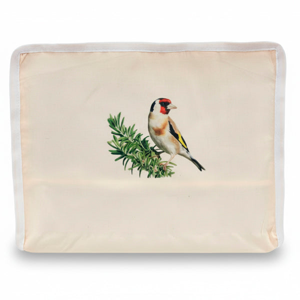 Funda para jaula C2 jilguero en rama de romero – Tela opaca lavable con cremallera y asa, diseño natural y elegante