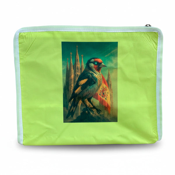 Funda para jaula C2 jilguero con bandera de España y Sagrada Familia – Tela lavable opaca con cremallera y asa, diseño exclusivo