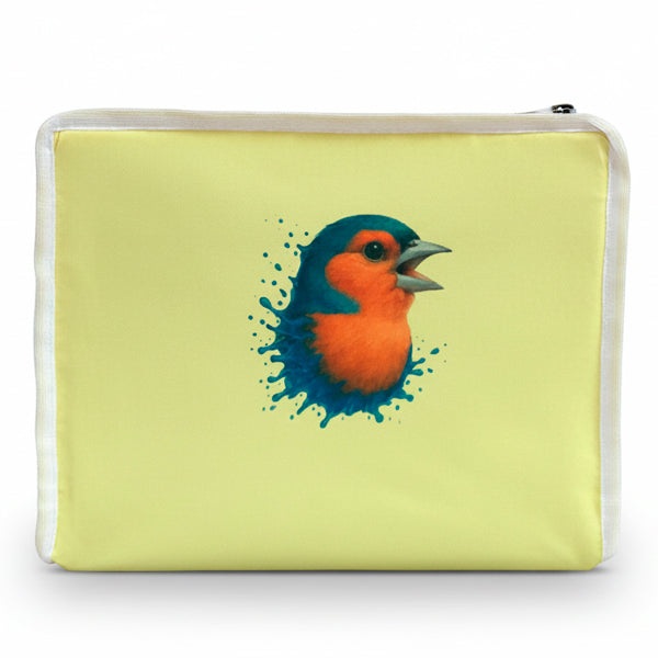 Funda para jaula C2 pinzón acuarela – Diseño artístico con gotas de agua, tela lavable opaca con cremallera y asa