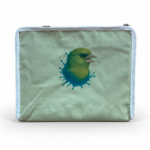 Funda para jaula C2 verderón acuarela – Diseño artístico con efecto de agua, tela opaca lavable con cremallera y asa