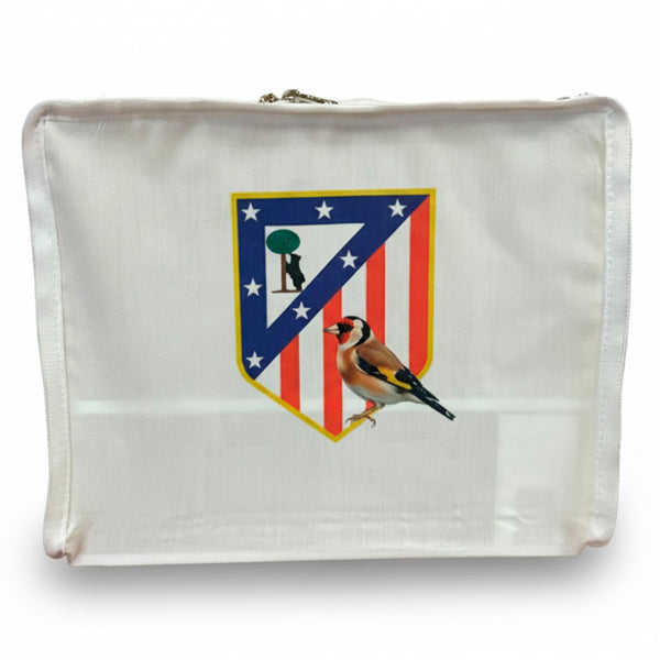 Funda para jaula C2 Atlético con jilguero – Diseño rojiblanco, tela opaca lavable con cremallera