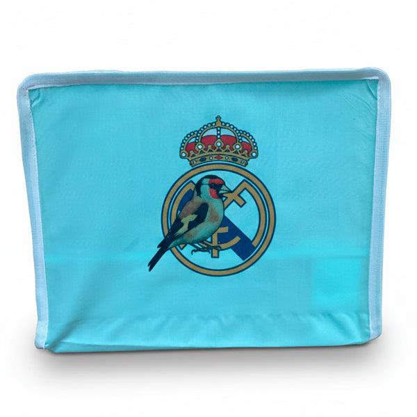 Funda para jaula C2 Real Madrid con jilguero – Diseño deportivo elegante en tela opaca lavable