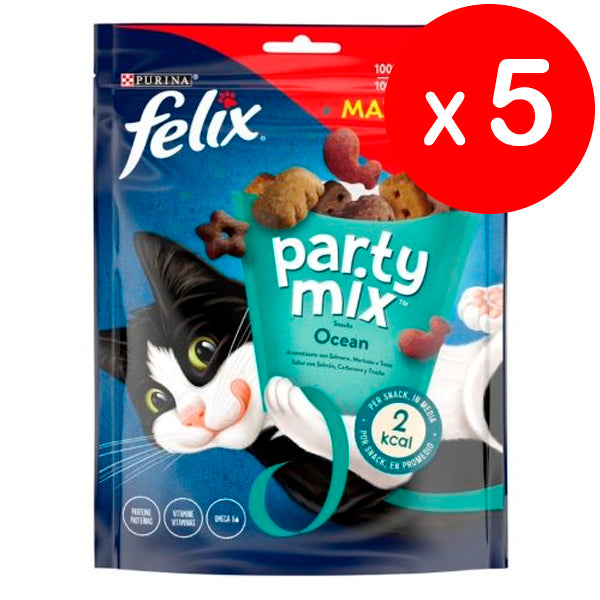 Felix Purina Party Mix Ocean, Snack, premio para Gato con Salmón, Pescado Blanco y Trucha, 5 bolsas de 200g