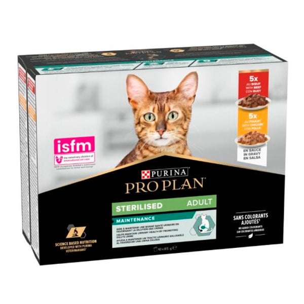 Proplan Purina Gato Esterilizado: Ideal para Gatos Castrados - 10 Sobres de 85g, Pollo y Buey